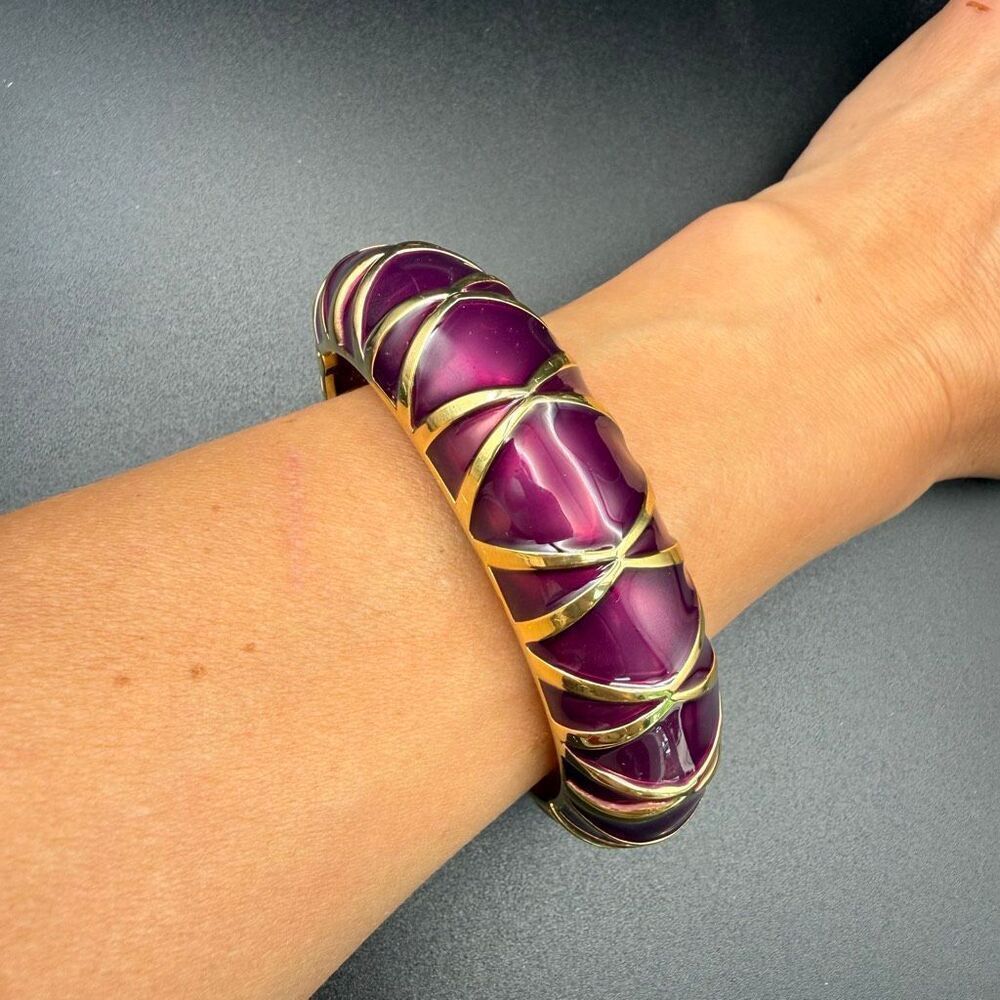 Kenneth Jay Lane gold tone hinged bangle bracelet purple enamel triangles New